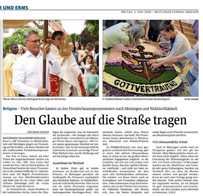 Schöner Zeitungsbericht über Fronleichnam in Walddorfhäslach